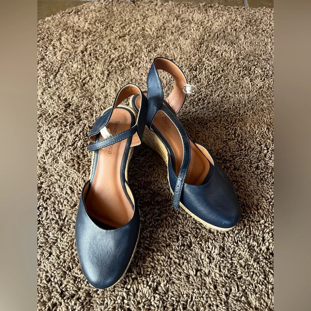 Bruno Magli Navy Leather Espadrille Wedge Sandals